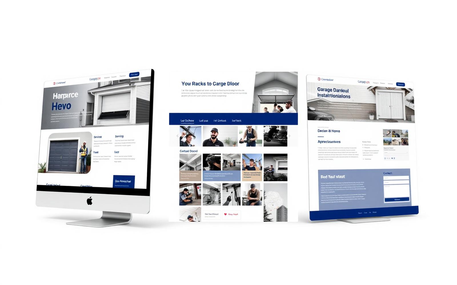 Example garage door company website showing homepage, services page, and contact page